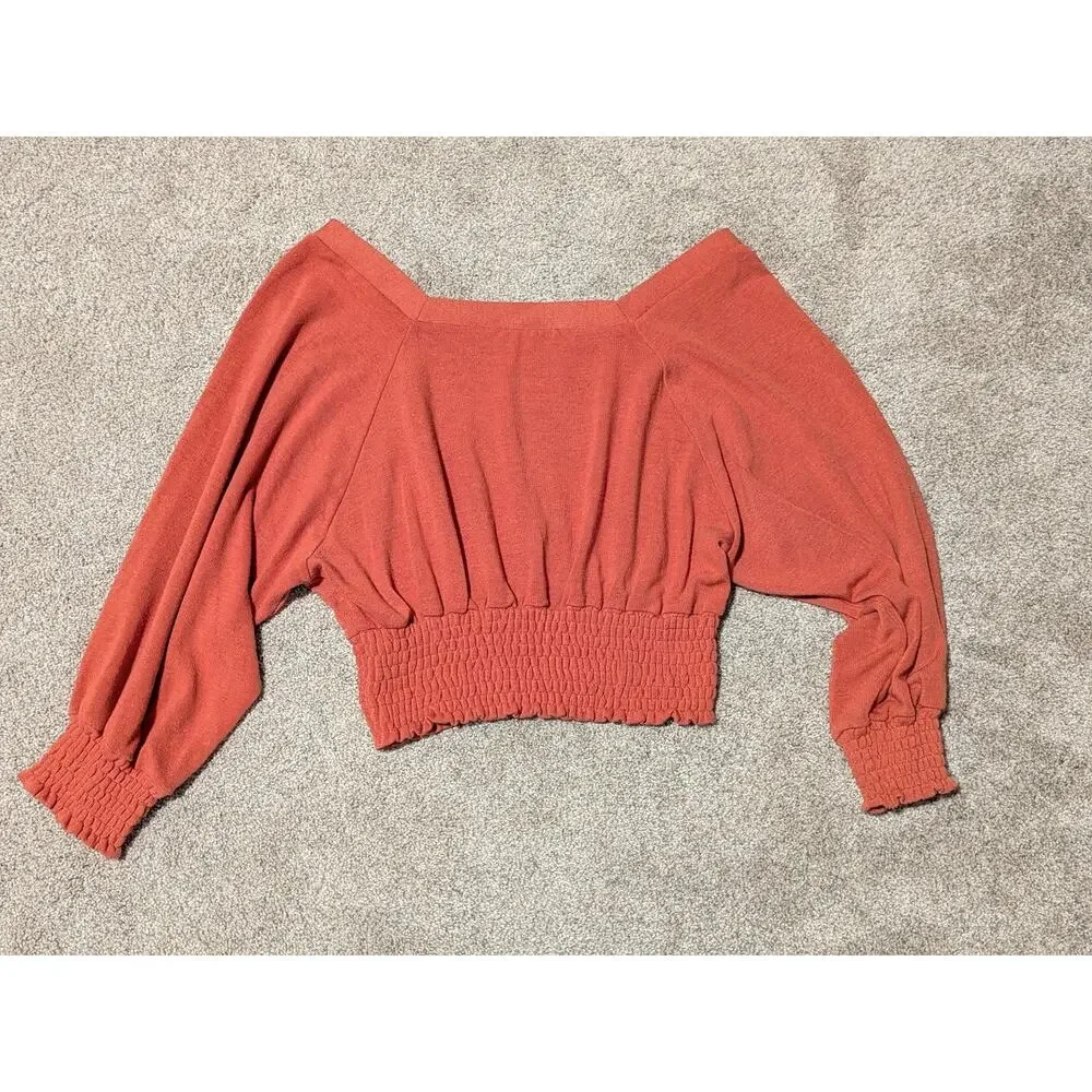 Free People Smocked Waist Orange Blouse Womens size small